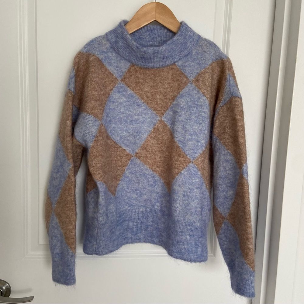 ZARA Wool Mohair Blue Argyle Sweater S - Picture 5 of 8